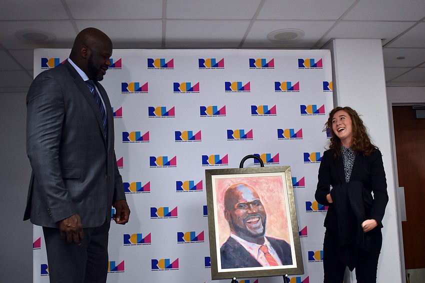Shaquille O'Neal got his first look at the portrait Ringling College of Art and Design junior Jamie Green painted of him Jan. 16.