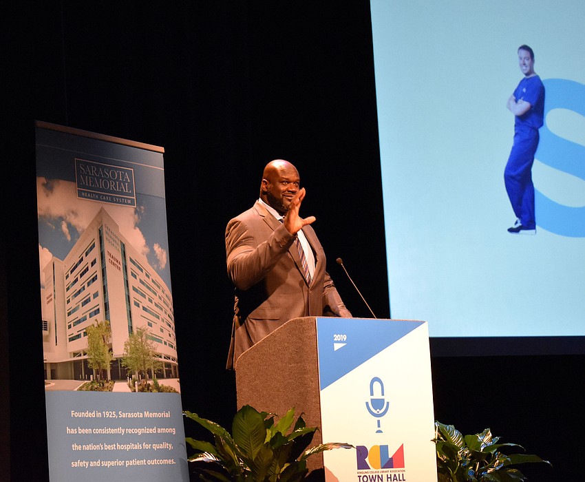 Shaquille O'Neal welcomed the crowd before speaking about humor and kindness Jan. 16.