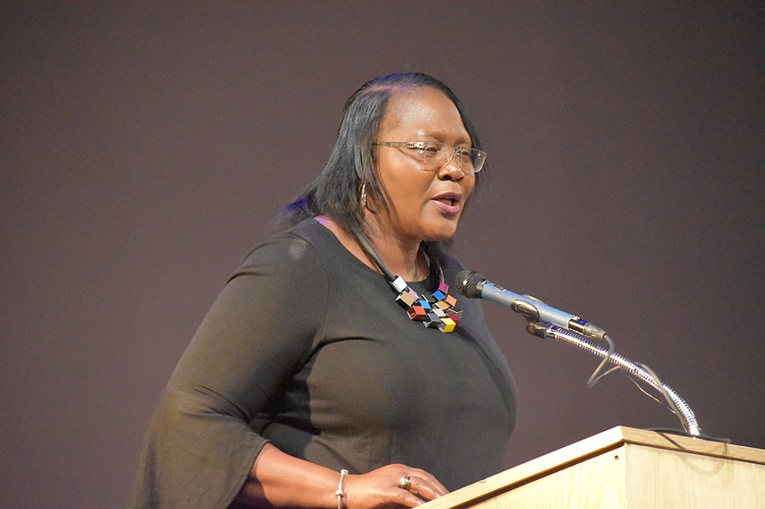 Booker High School Principal Rachel Shelley welcomes guests to her school for the evening.