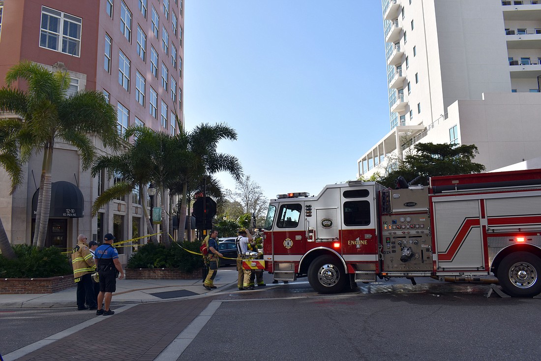 The Sarasota County Fire Department works to contain a gas leak at the Orange Blossom Tower on Wednesday.