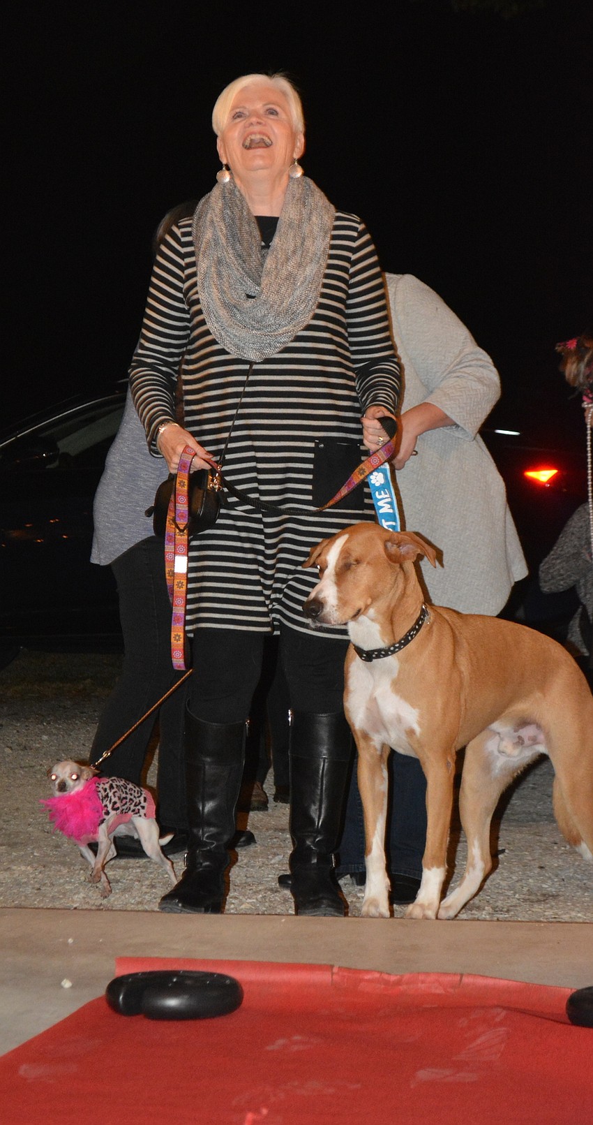 Humane Society at Lakewood Ranch President Deanne Murchie walks the red carpet with her rescue dog, Huck.