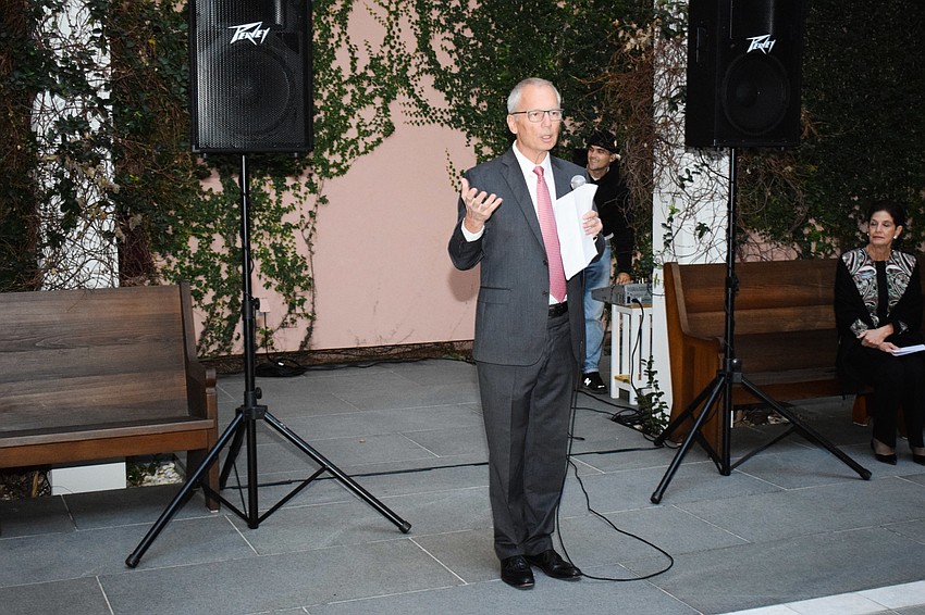 Executive Director Steven High tells guests about the Joseph’s Coat Skyspace.
