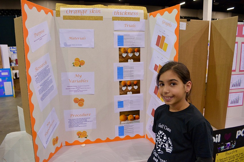 Fifth grade Goya Sleit from Gulf gate Elementary completed her STEM Fair project on which types of oranges have the thickest skin.