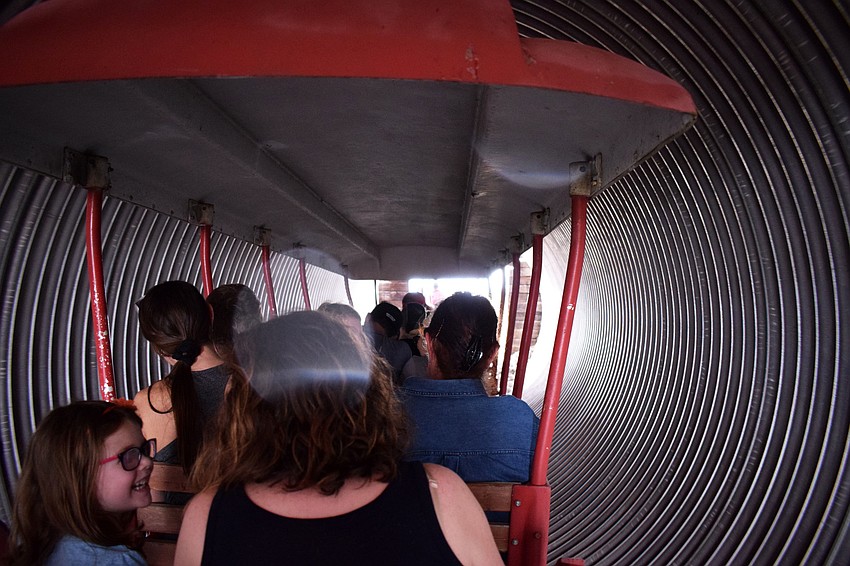 The train at Hunsader Farms ducks into a tunnel.