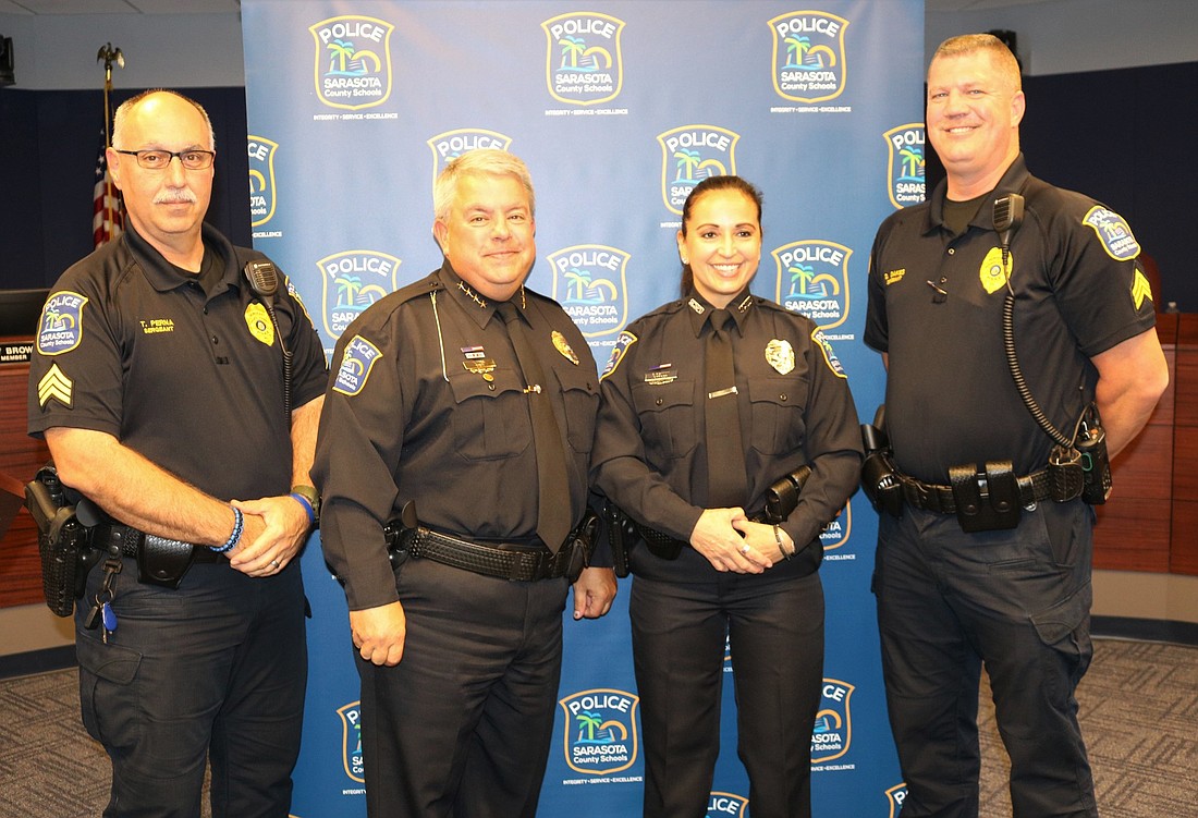 (Right to left) Sergeant Duane Oakes, Officer Elena Giannini, Chief Tim Enos and Sergeant Todd Perna. Photo courtesy of Sarasota County Schools.