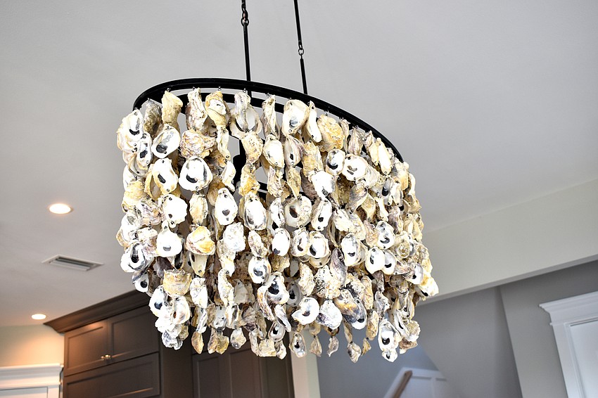 Various shells create this unique chandelier that is over the dining room table.