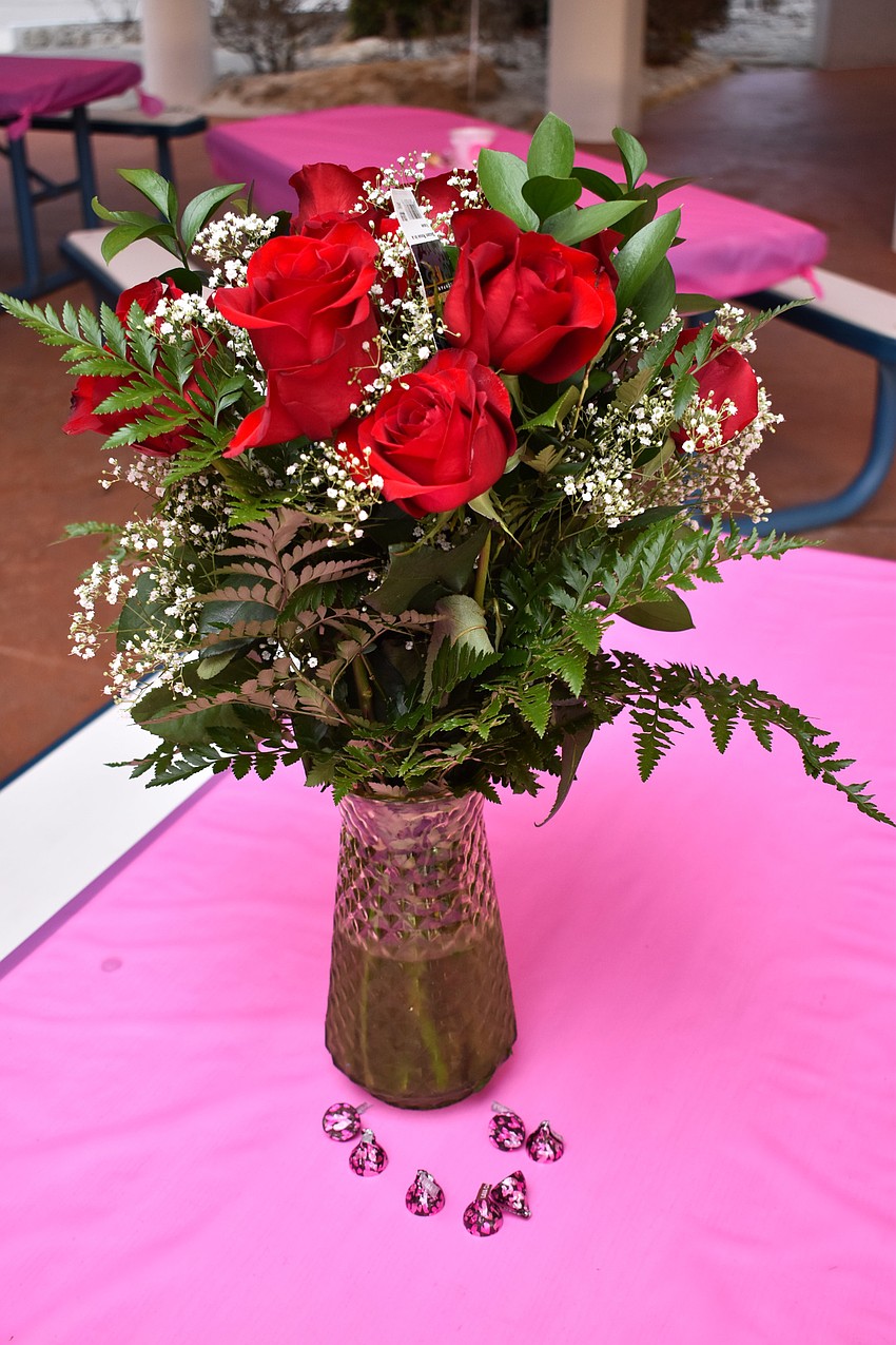 The tables were decorated for Valentine's Day.