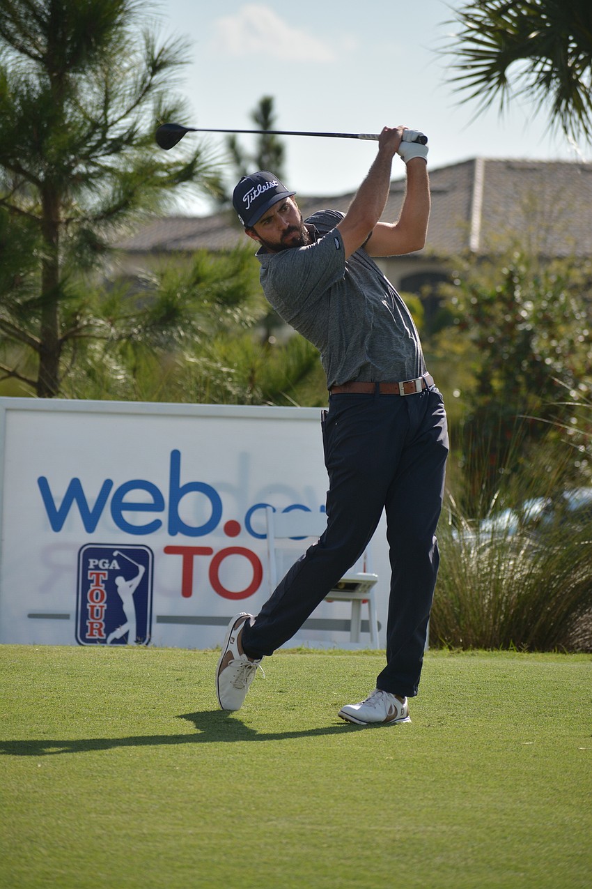 Mark Hubbard hits his tee shot on the 10th hole of the LECOM Suncoast Classic's final day.