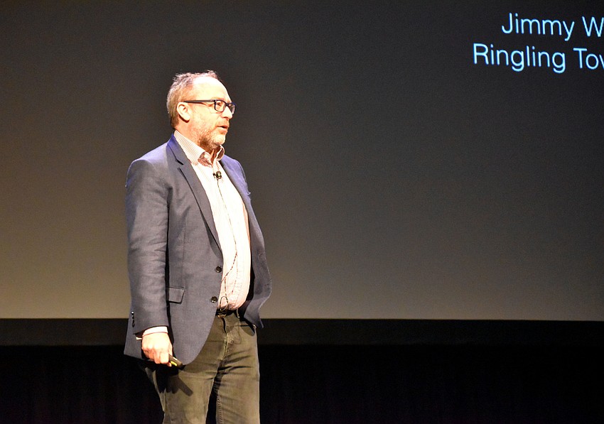 Jimmy Wales speaks to the crowd at the Van Wezel Performing Arts Hall.