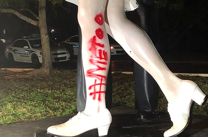 Cleanup of the grafitti on the Unconditional Surrender statue has alread begun.