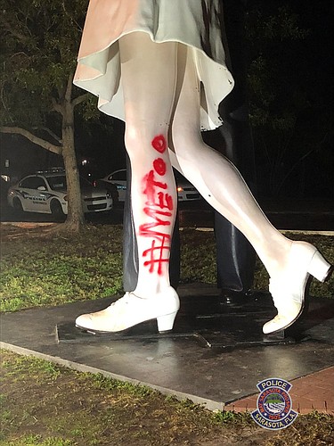 Cleanup of the grafitti on the Unconditional Surrender statue has alread begun.