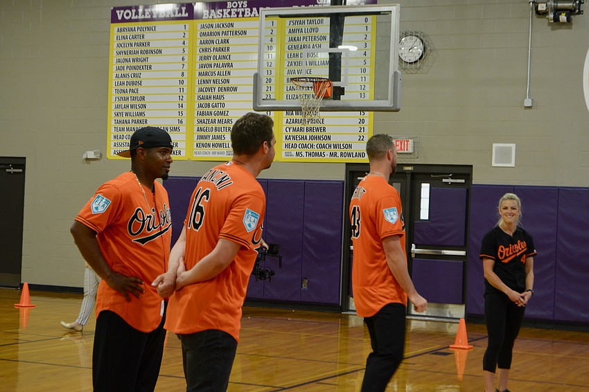 The Orioles team members took the time to answer students' questions once the relay race was over.