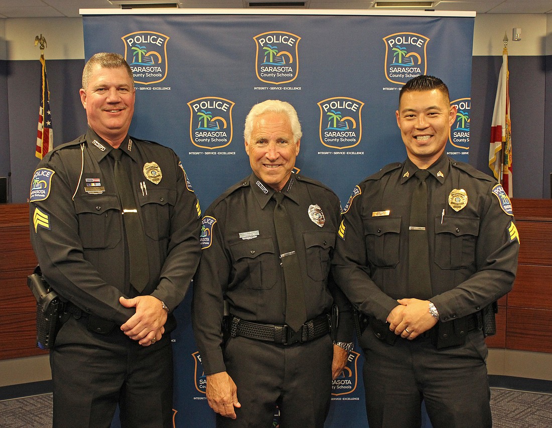 Sergeant Duane Oakes (left), Officer Riccardo Erbacci (middle) and Sergeant Steve Kim (right). Photo courtesy of Sarasota County Schools.