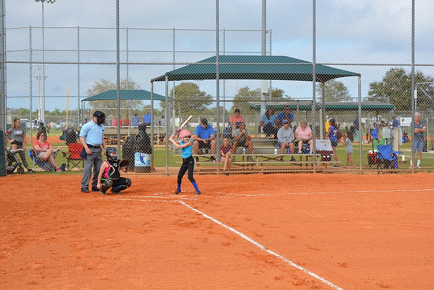 Miss Manatee Softball's Skylar Harvill walks on her first at-bat.