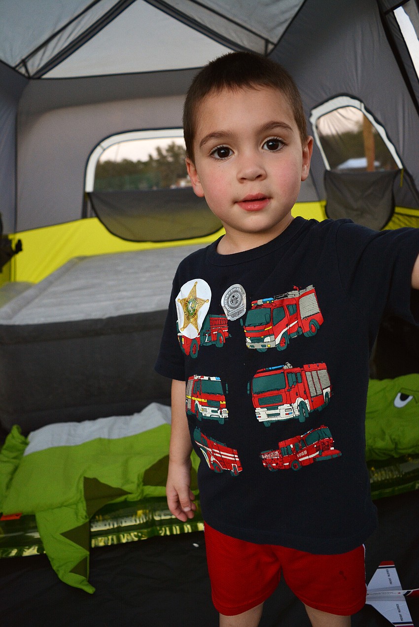East County's Sage Pennenga, 3, had his alligator sleeping bag ready for camping with his parents, Brittany and Tim.