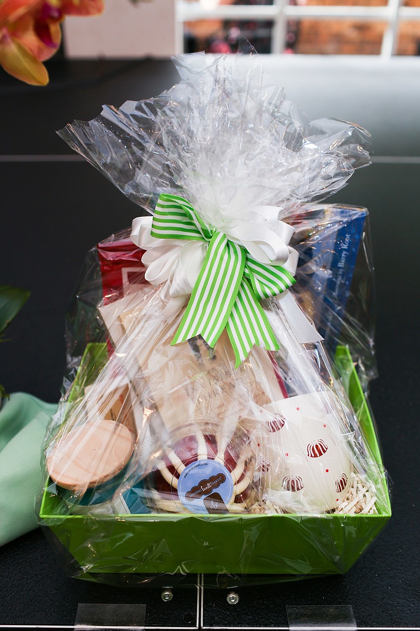 Gift baskets sat on the podium.