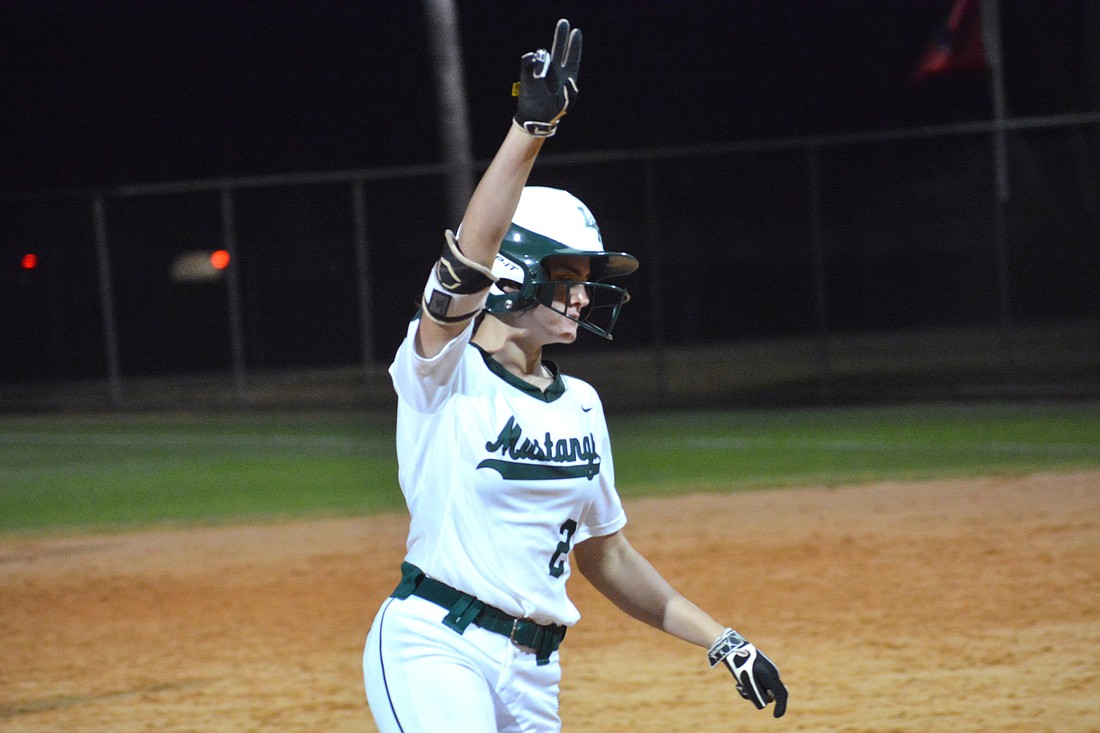 Junior Lakewood Ranch High first baseman/outfielder Avery Goelz, here celebrating a home run against Manatee High
