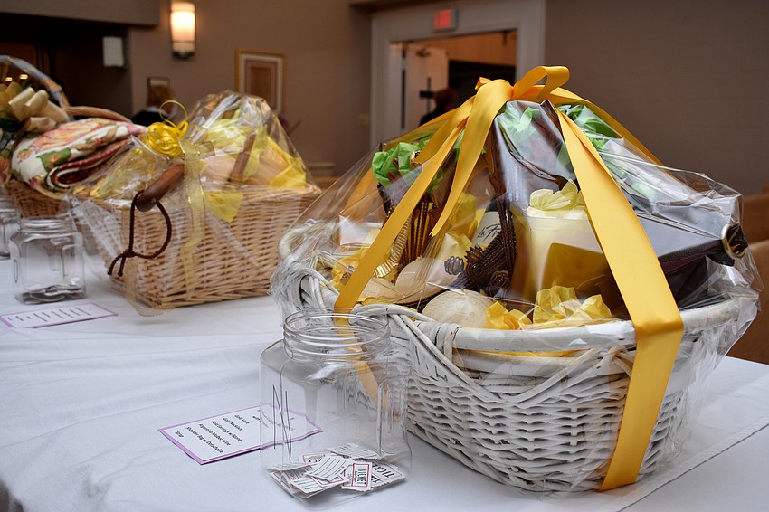 Raffle baskets were on display as attendees arrived.