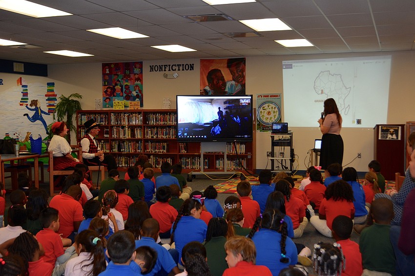 All of the second-grade students at Alta Vista gathered in the library to Skype with the students in Ghana.