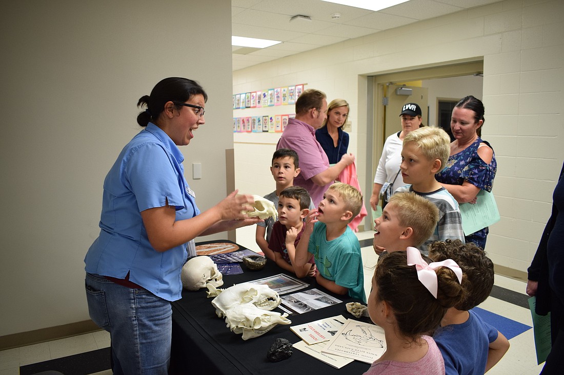 Madelaine Verbeek, a museum educator with the South Florida Museum, educates students on fossils.