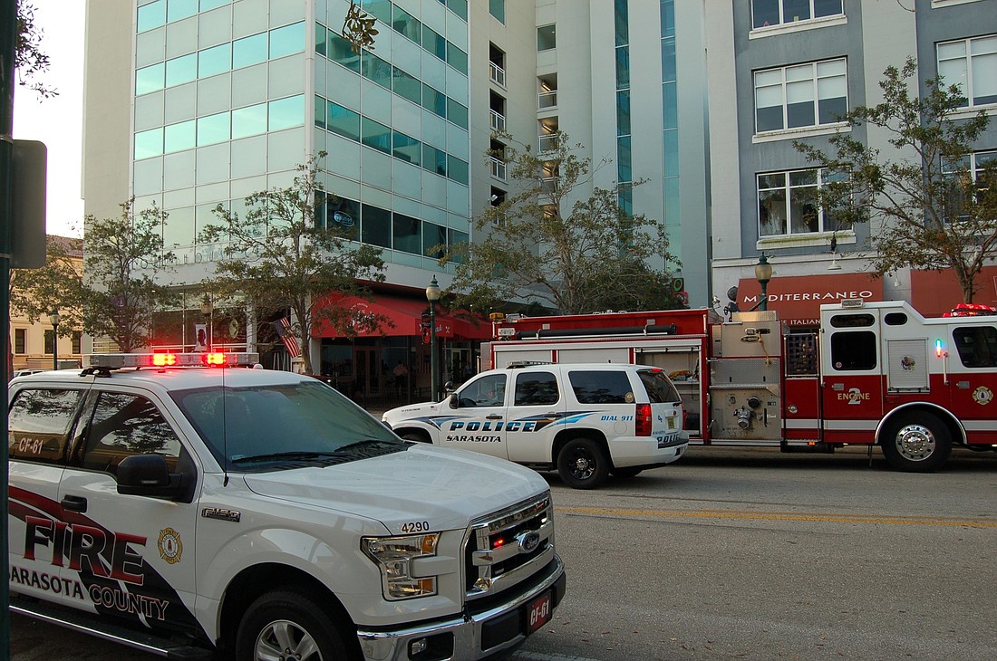 Numerous fire and police units were on the scene at 1900 Main Street on Monday  morning.