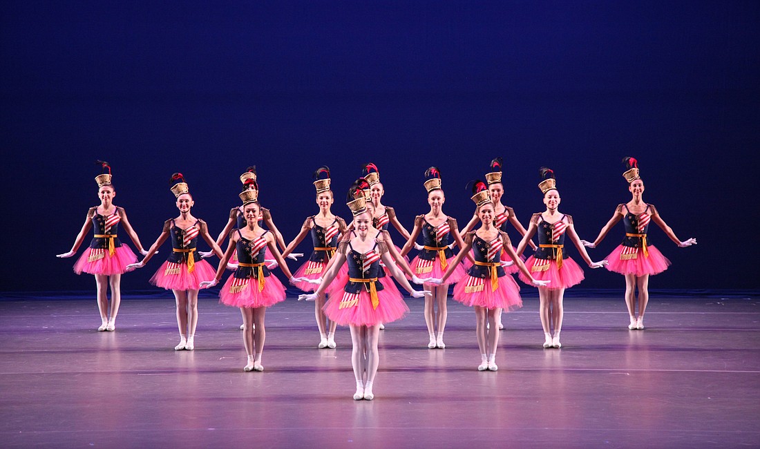 Elizabeth Sykes and The Sarasota Ballet in George Balanchineâ€™s "Stars and Stripes." Photo by Frank Atura