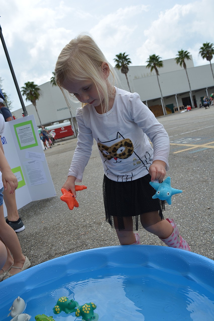 Three-year-old Norah Miller hunts for a prize at the Marine Conservation Club's booth.