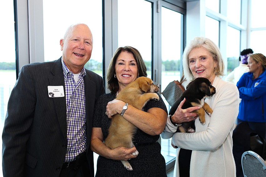 Co-Chairs Scott Anderson, Mary Dougherty and Anne Virag with two adoptable puppies.