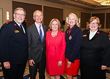 Major Chad Whiten, Honorees Brock and Julie Leach, Chairwoman Kim Cornetet and Major Julie Whiten