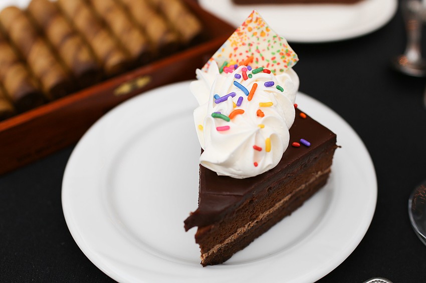 Desserts were colorful chocolate cakes.