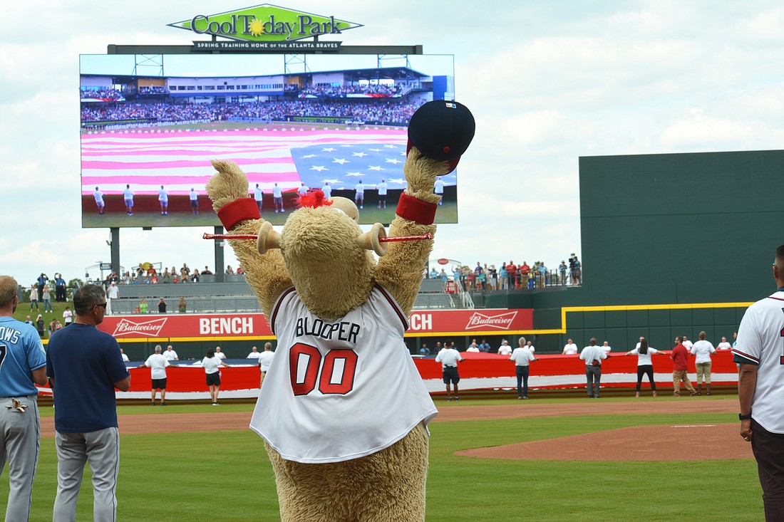 Braves mascot Blooper celebrates the grand opening of CoolToday Park.