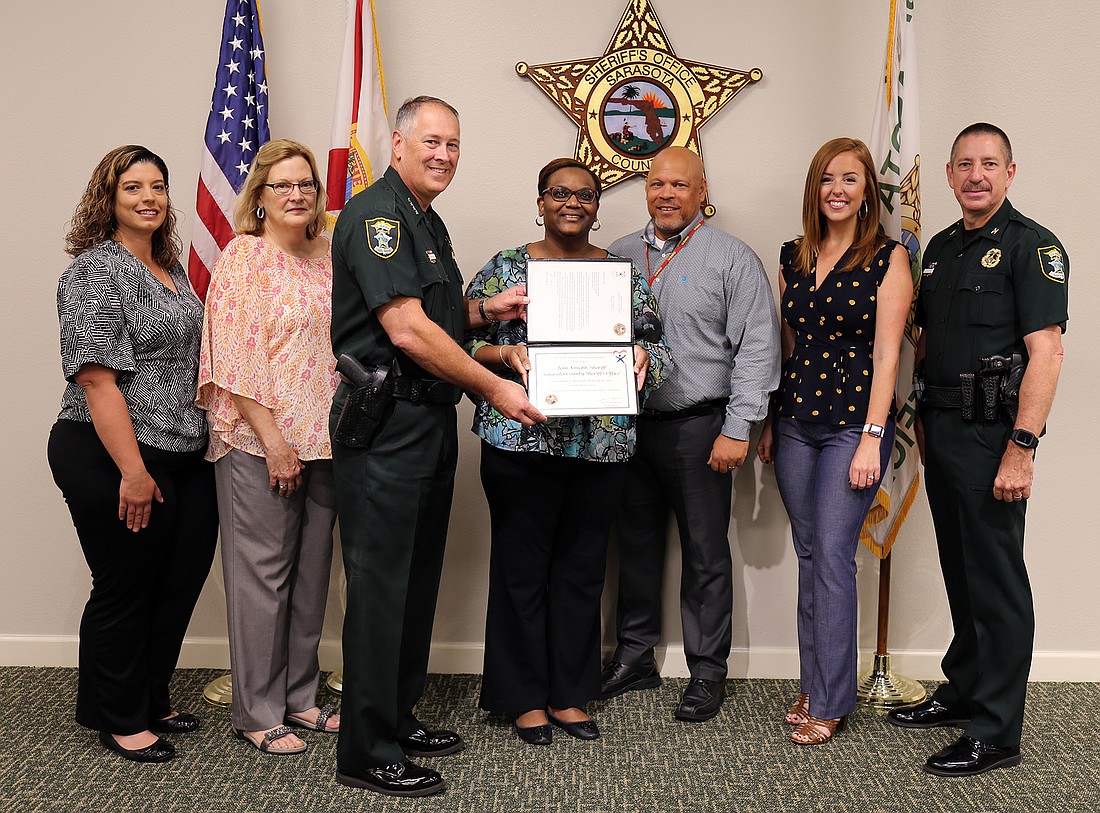 Victim Advocate Coordinator Autumn Roppolo, GAL Child Advocate Manager Lynne Higgins, Sheriff Tom Knight,  GAL Director Toni Latortue, GAL Advocate Manager Keith Hammond, Community Affairs Director Kaitlyn Perez, Col. Kurt Hoffman