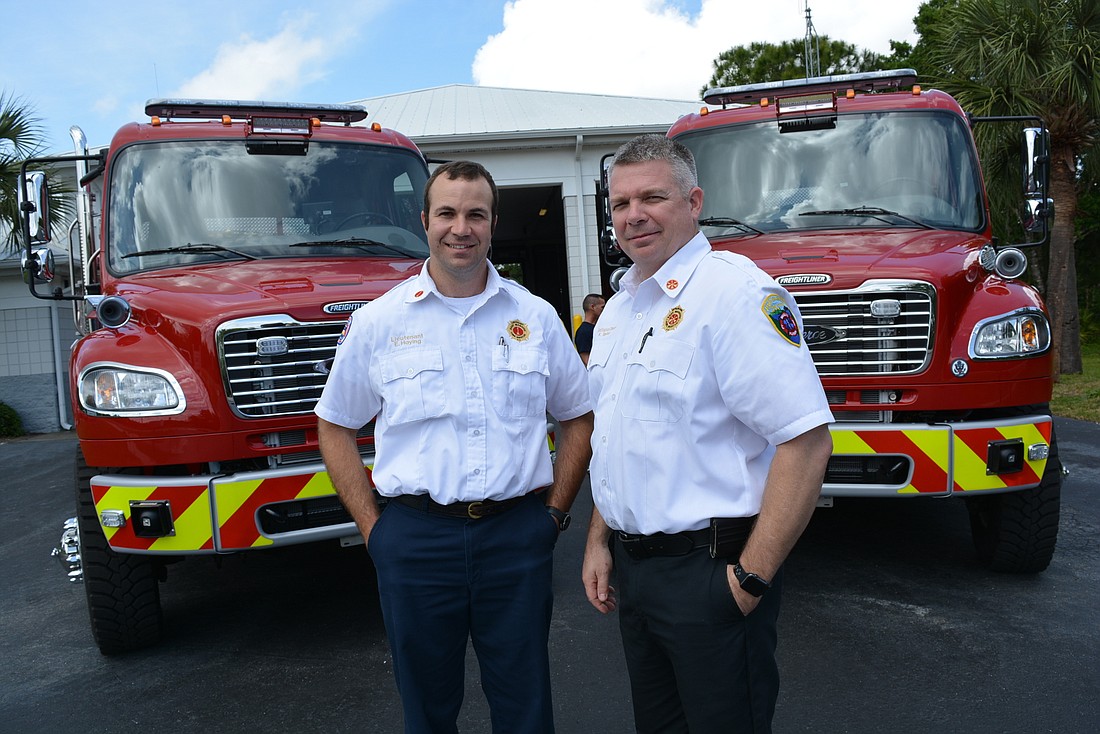 East Manatee Fire Rescue&#39;s Lt. Eric Hoying and Battalion Chief Kyle Taylor are excited the new tanker trucks will improve response times and help guarantee tankers are available during emergencies.
