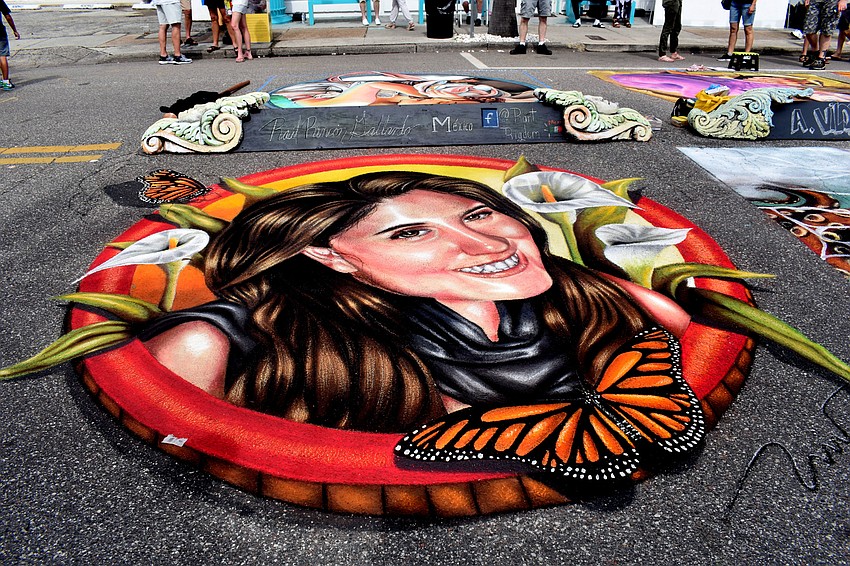 This artist used a mixture of tempera paint and chalk to create their portrait.