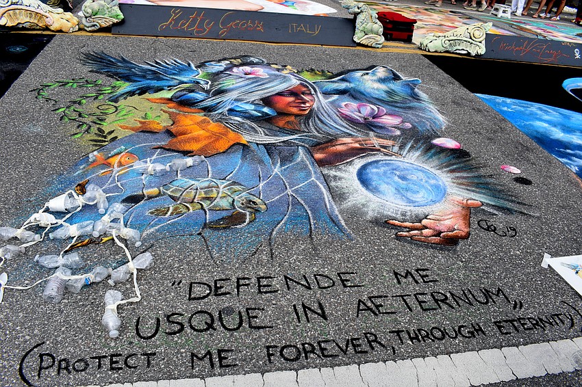 One artist used chalk and water bottles to make a statement about the environment.