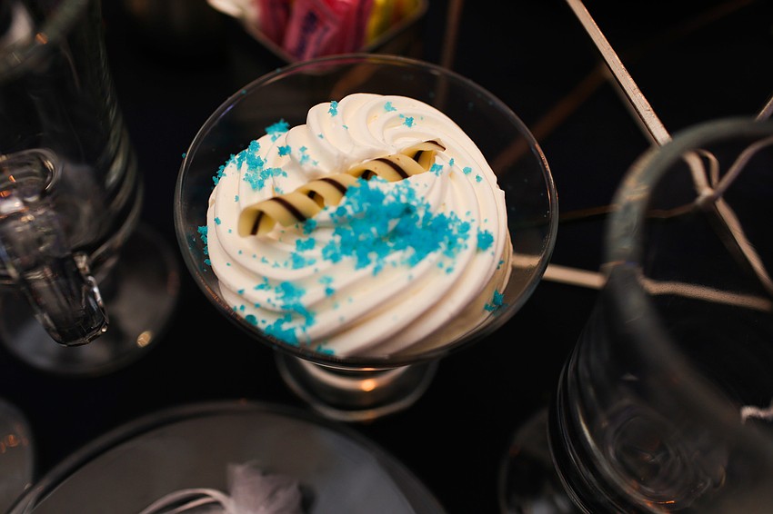 The dessert was a blue velvet cake martini.