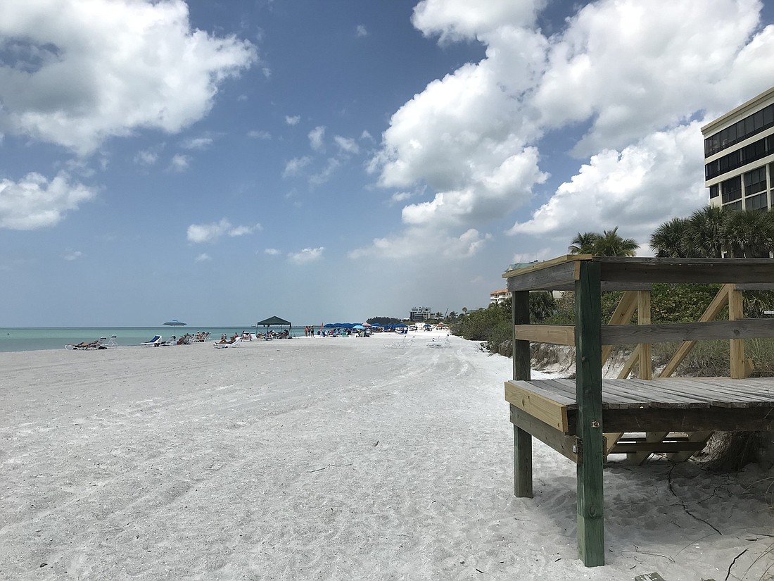 More than 200,000 cubic yards of sand was dredged from New Pass and deposited on an approximately one mile stretch of Lido Beach. This photo was taken April 4 (City of Sarasota photo)