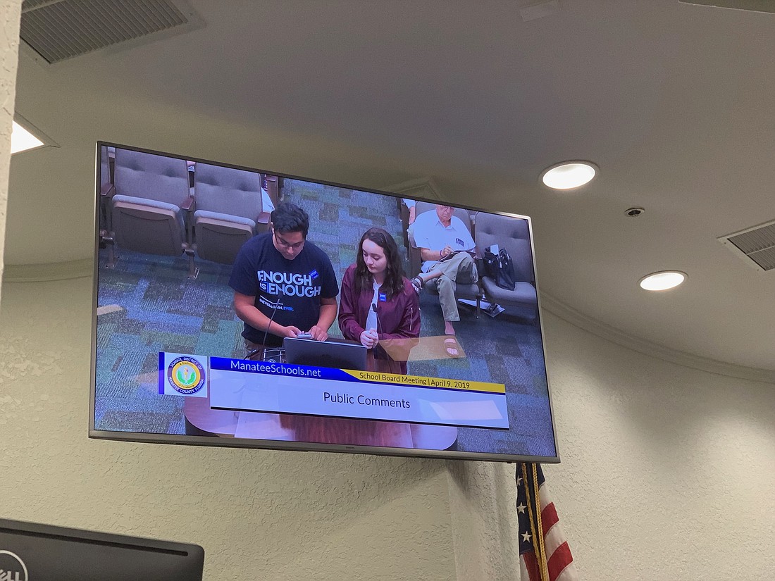 Braden River High School seniors Ahmad Ibsais and Alana Kelly spoke in front of the school board in opposition of arming teachers on Tuesday, April 9.
