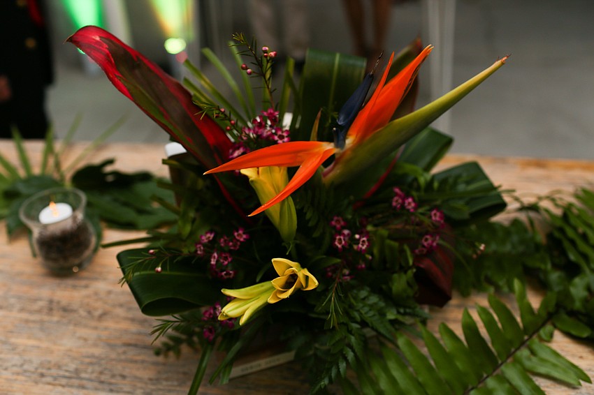 Tropical decor sat on the tables.