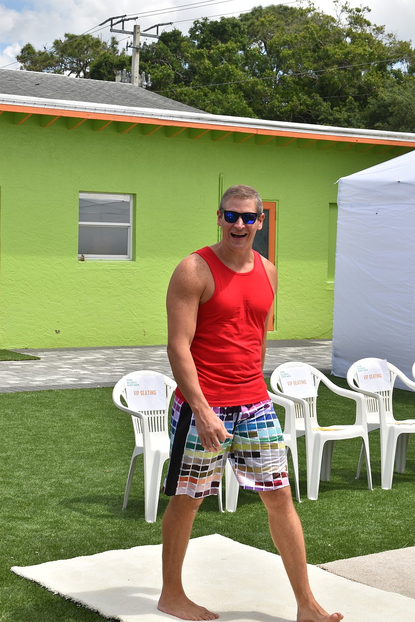 Nick Beckett was the only male model, but still goofed around with the audience to model his bathing suit shorts.