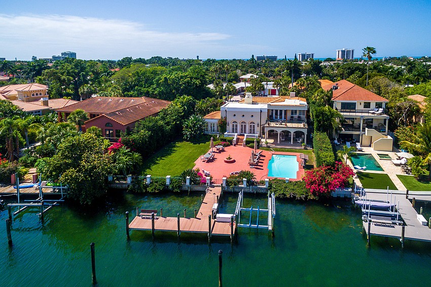 The home features views of Sarasota Bay and is in close proximity to St. Armands circle.
