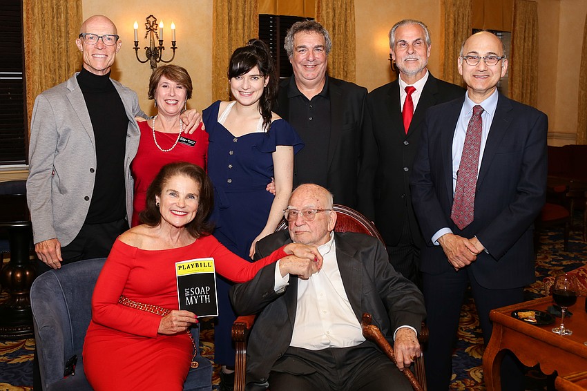 Top: Jimmy Burke, Elizabeth Gelman, Liba Eisenberg, Jeff Cohen, Sarasota Opera Artistic Director Victor DeRenzi, Ned Eisenberg, Bottom: Tovah Feldshuh and Ed Asner