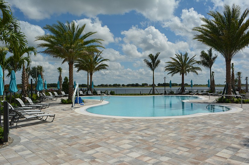 The pool area rolls out toward the lake.