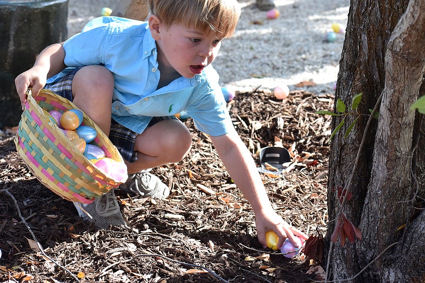Easton Nock spots some eggs under a tree.