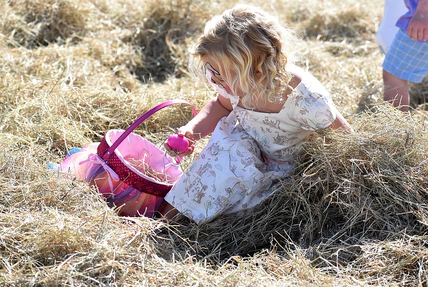 Isa Rammes searches in the hay for Easter eggs.