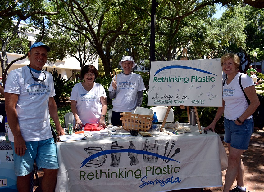 Dominique Lavoie, Judy Sokal, Mark Rieke and Cat Dillard challenge residents and restaurants to be BadFive Free. The BadFive comprises to-go containers and cups and plastic bottles, bags and utensils.