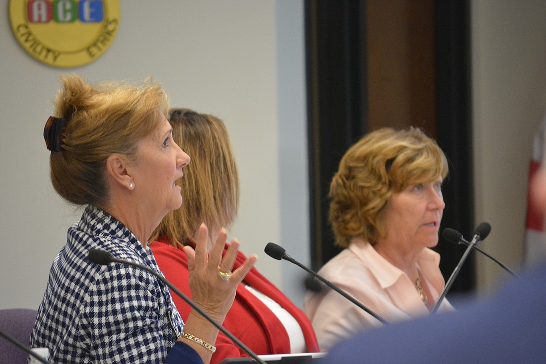 Manatee County District 5 Commissioner Vanessa Baugh, left, first suggests a millage reduction during an April 16 workshop on a proposed stormwater fee. She said a millage reduction should be considered to offset the fee.