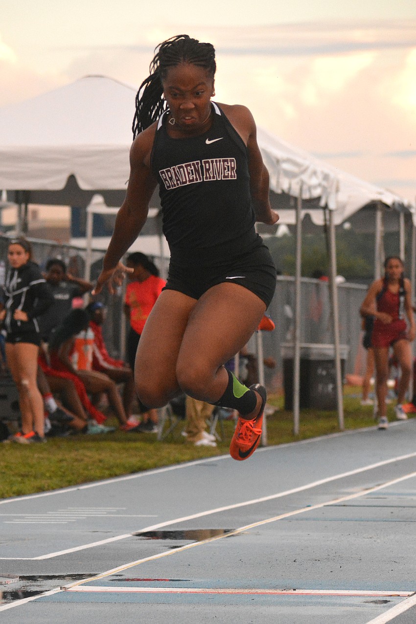 Braden River High sophomore Alexis Graham soars in the 3A girls long jump.