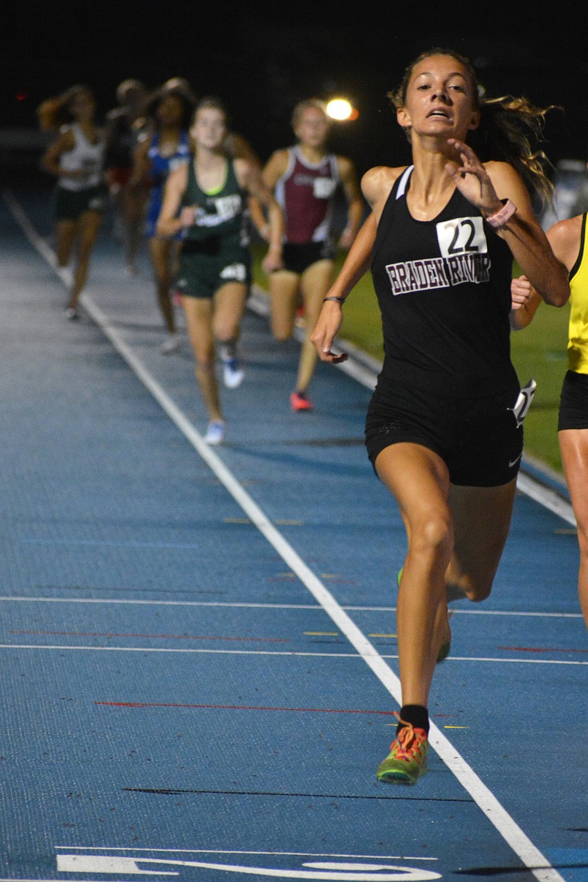 Braden River freshman Gracie Marston charges through the finish line during the 3A girls 3200-meter race.