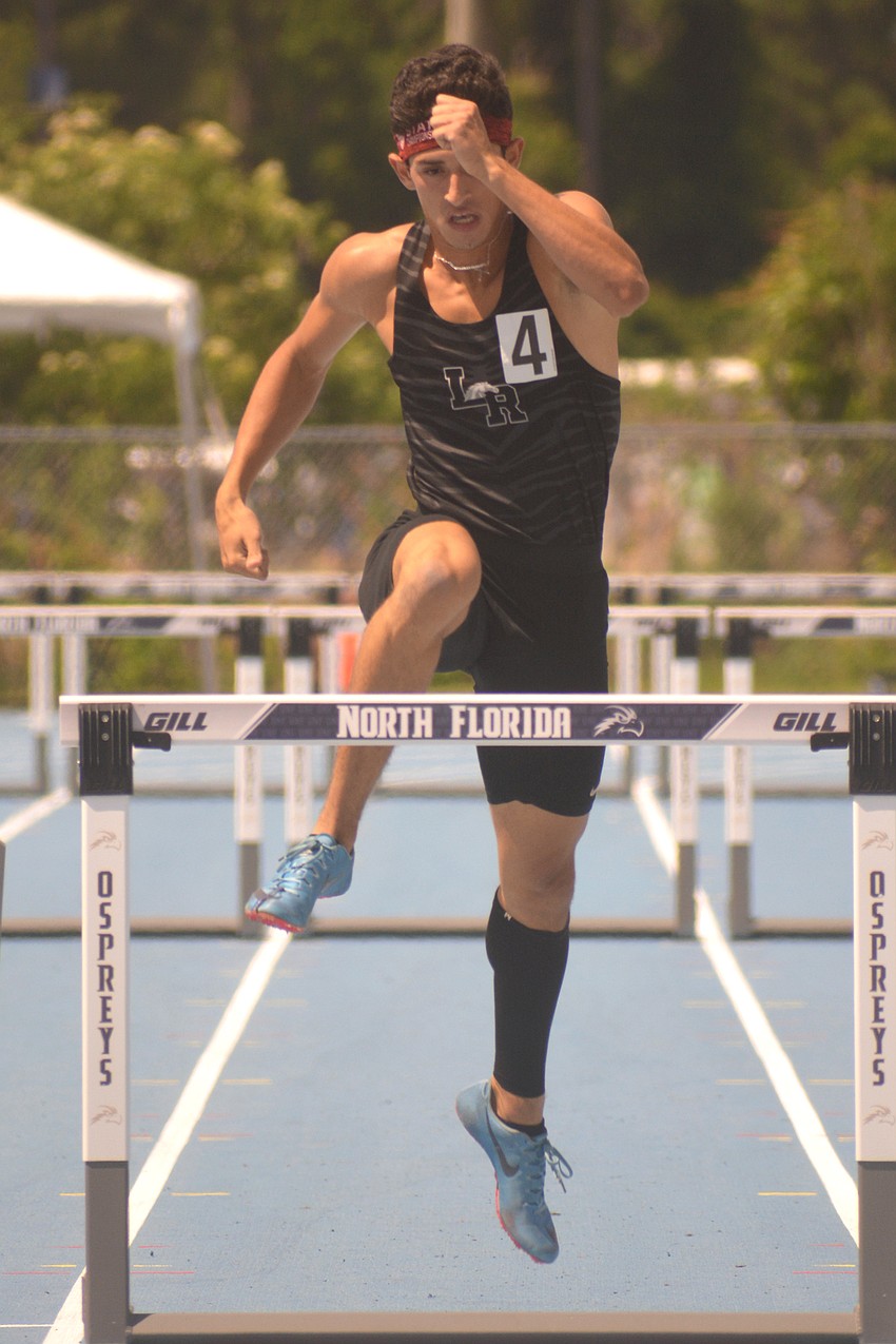 Lakewood Ranch senior James Rivera focuses down the stretch of the 4A boys 300-meter hurdles. He would finish second.